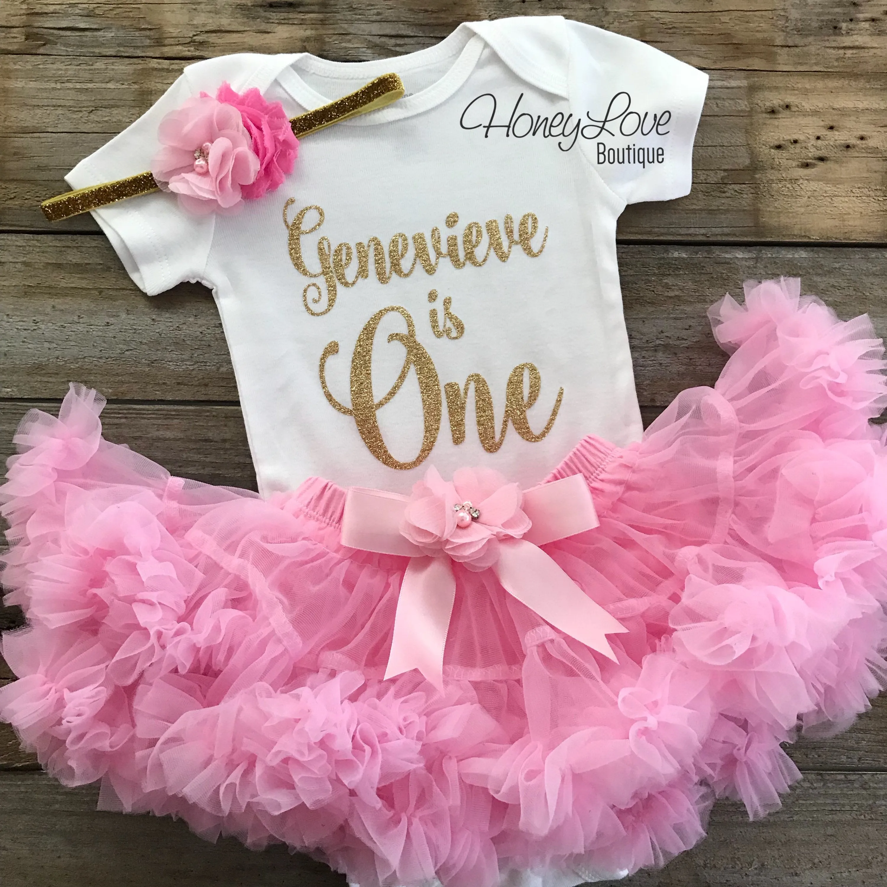 Personalized Name "is One" - 1st Birthday Outfit - Light Pink and Silver/Gold Glitter - embellished pettiskirt