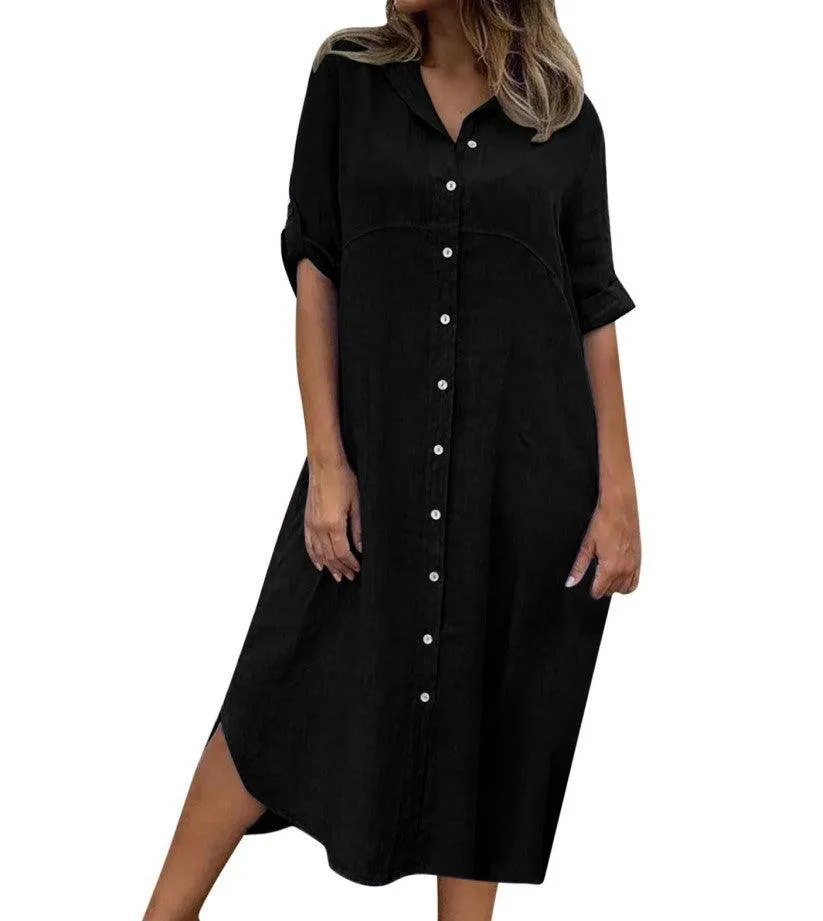 Plus Size Women's Cotton And Linen Shirt Dress