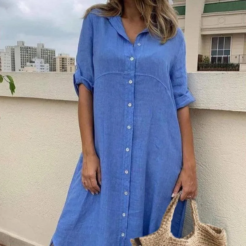 Plus Size Women's Cotton And Linen Shirt Dress