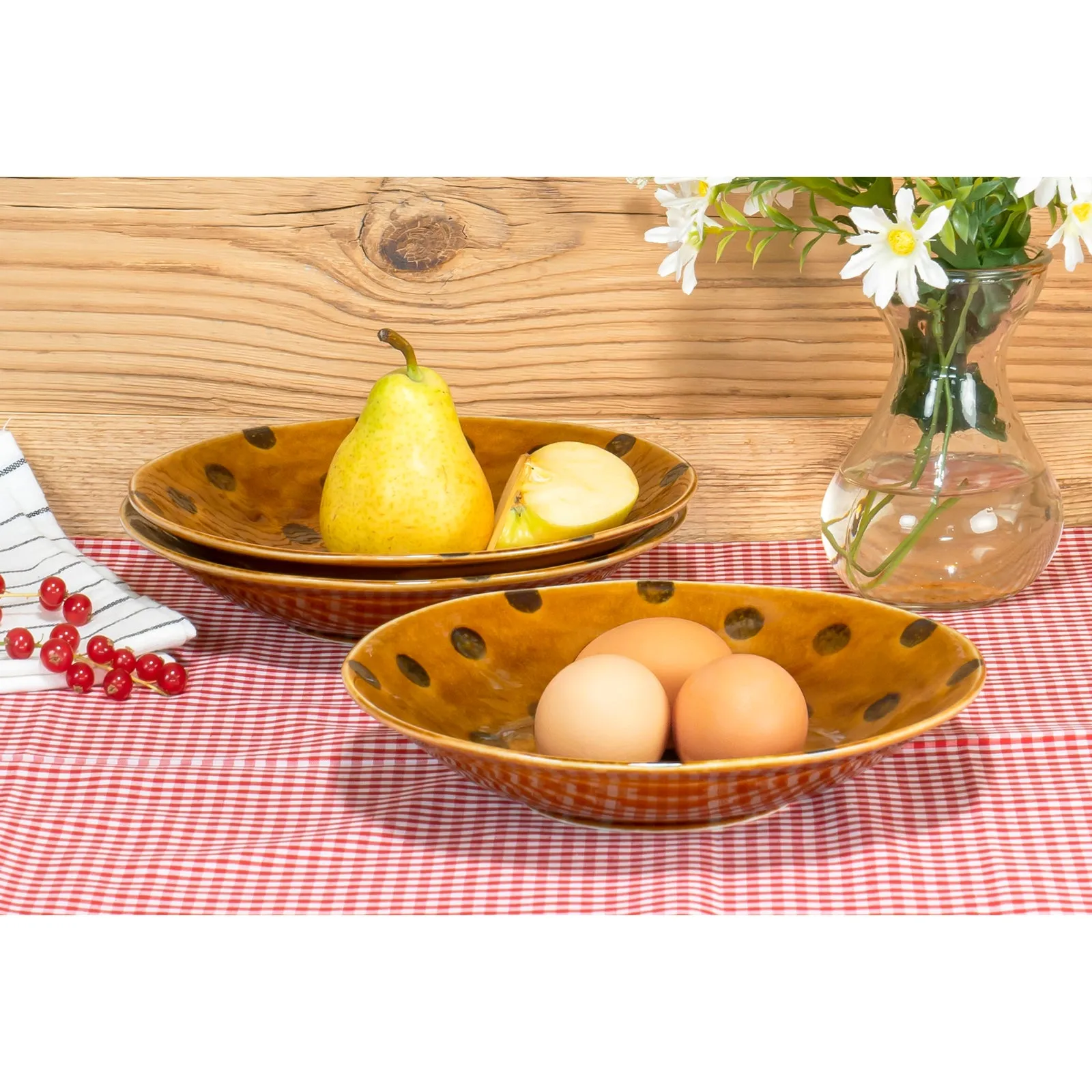 Red Co. Set of 3 Round 9” Porcelain Serving Bowls, Brown / Dark Brown Polka Dots