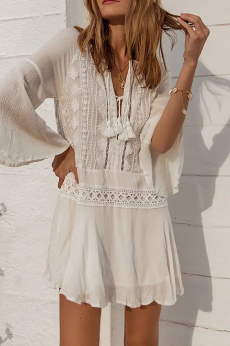 Sexy Vacation Lace Fringed Trim Swimwears Cover Up