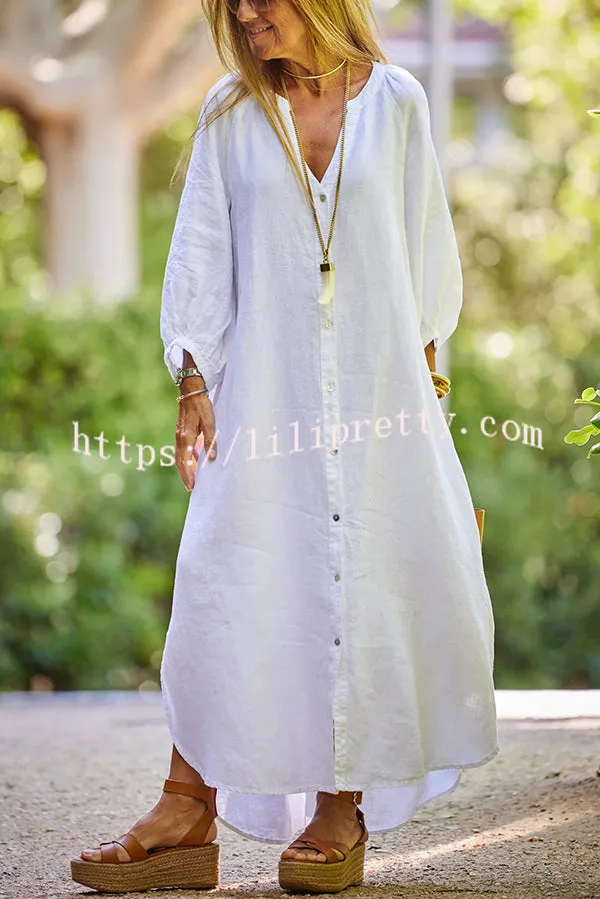 Solid Linen Blend Casual V Neck Balloon Sleeve Maxi Dress