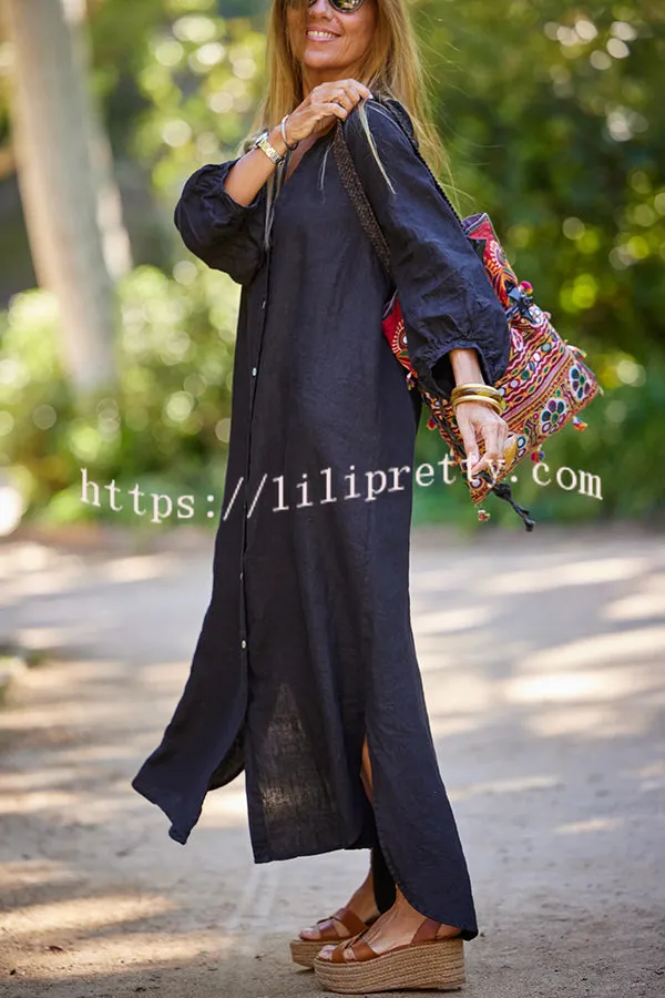 Solid Linen Blend Casual V Neck Balloon Sleeve Maxi Dress