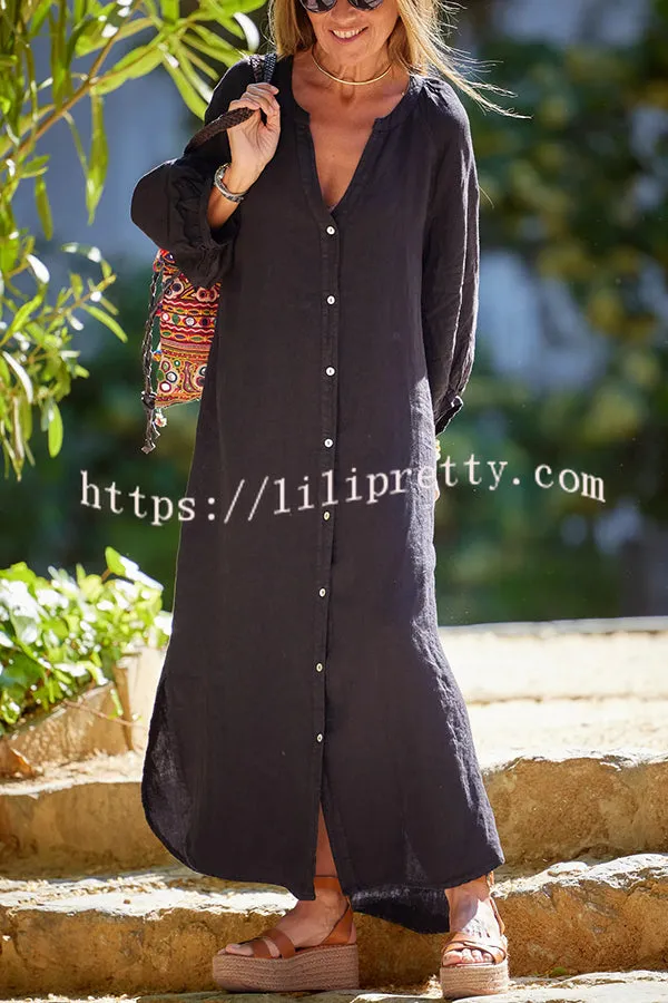 Solid Linen Blend Casual V Neck Balloon Sleeve Maxi Dress