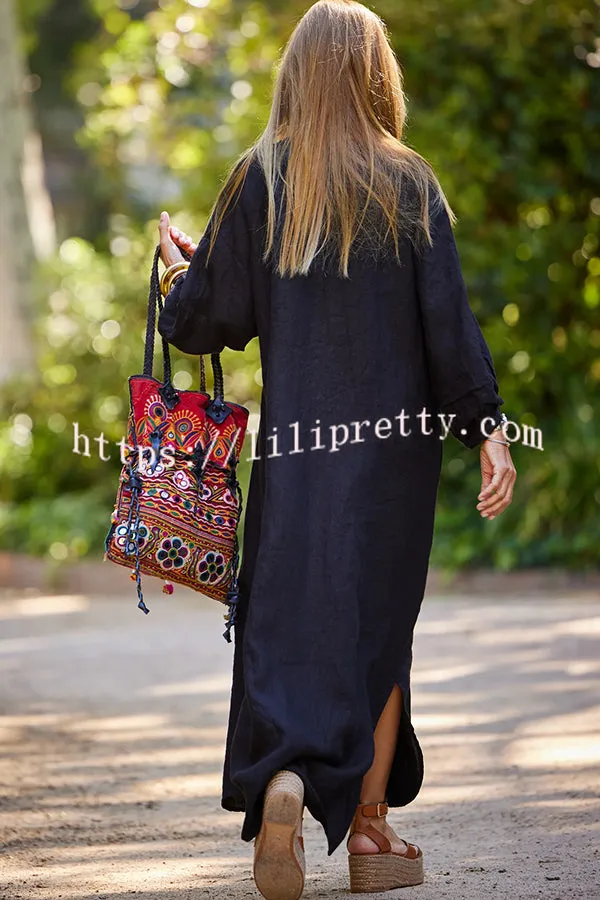 Solid Linen Blend Casual V Neck Balloon Sleeve Maxi Dress