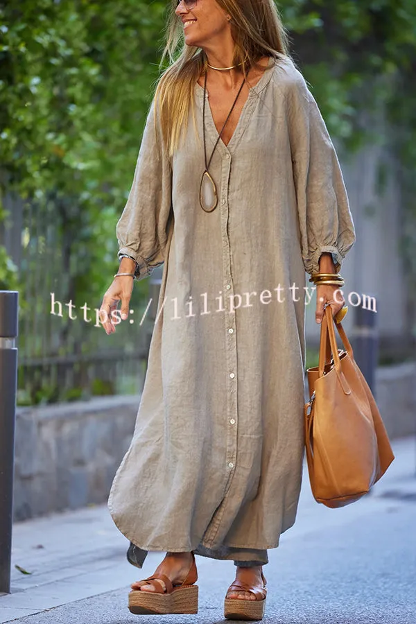 Solid Linen Blend Casual V Neck Balloon Sleeve Maxi Dress