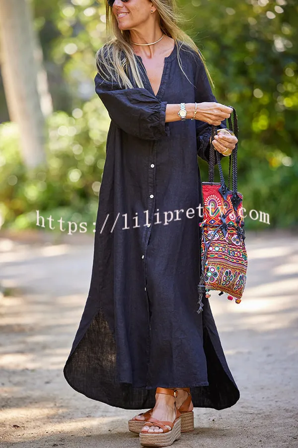 Solid Linen Blend Casual V Neck Balloon Sleeve Maxi Dress