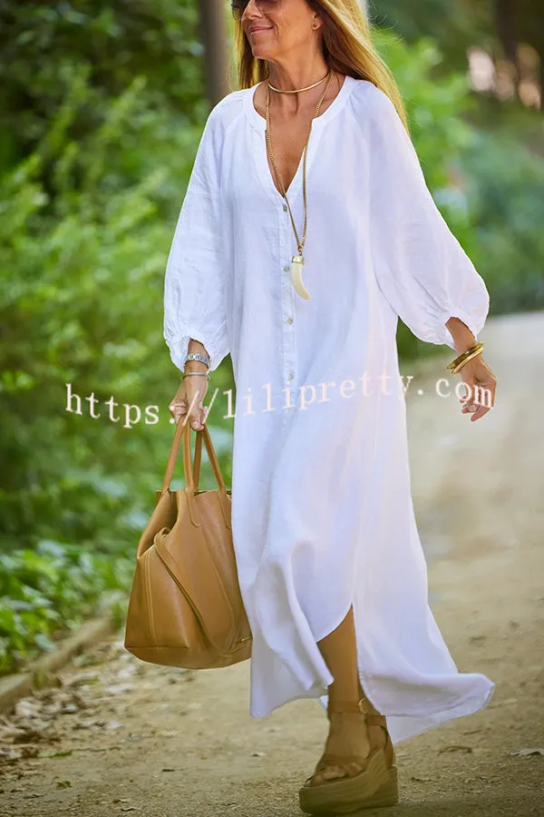 Solid Linen Blend Casual V Neck Balloon Sleeve Maxi Dress