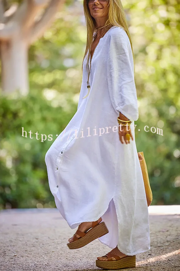 Solid Linen Blend Casual V Neck Balloon Sleeve Maxi Dress