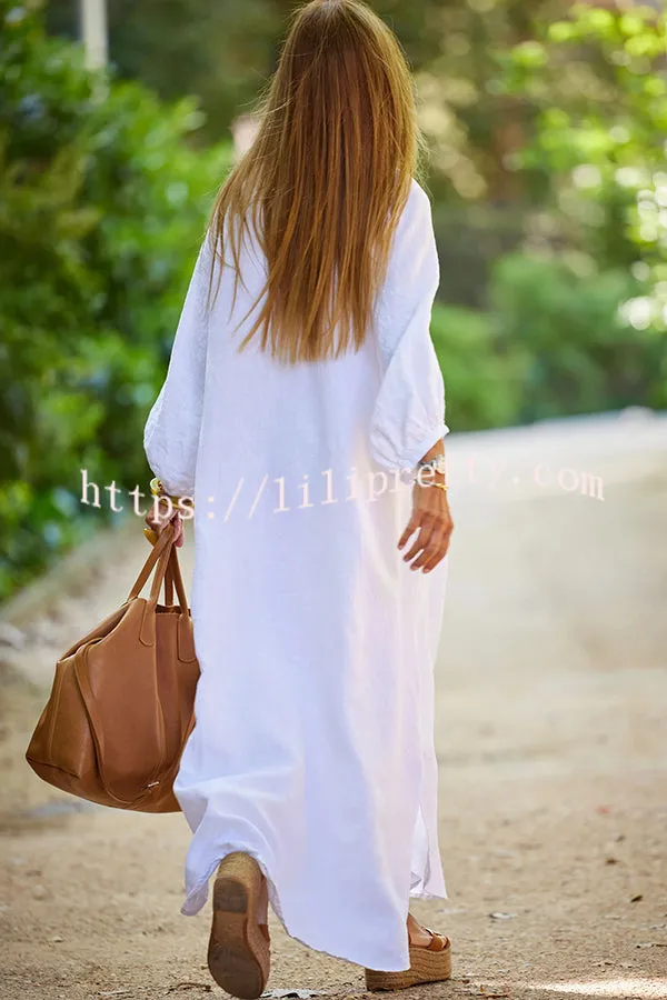 Solid Linen Blend Casual V Neck Balloon Sleeve Maxi Dress