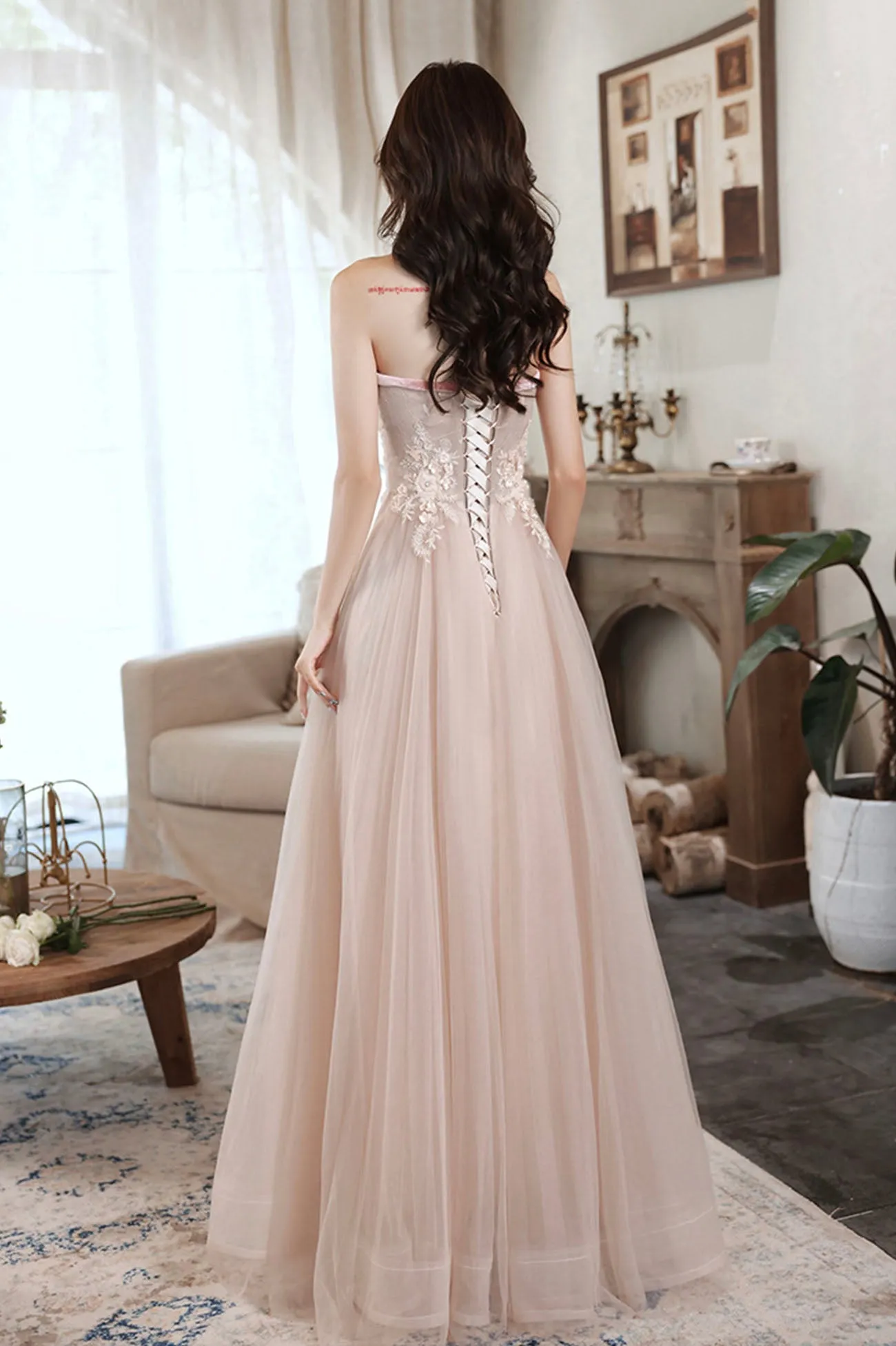 solvbao Pink Strapless Lace Long Prom Dresses, A-Line Evening Dresses