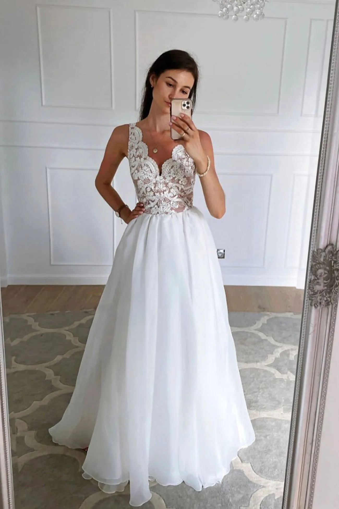 solvbao White Chiffon Lace Long Prom Dresses, A-Line Evening Dresses