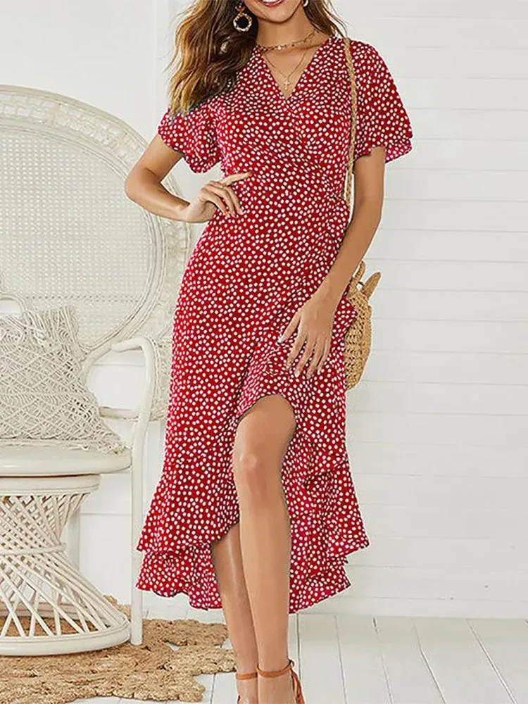 Summer Beach Floral Boho Chiffon Ruffles Wrap V-Neck Split Robe Femme Midi Dresses