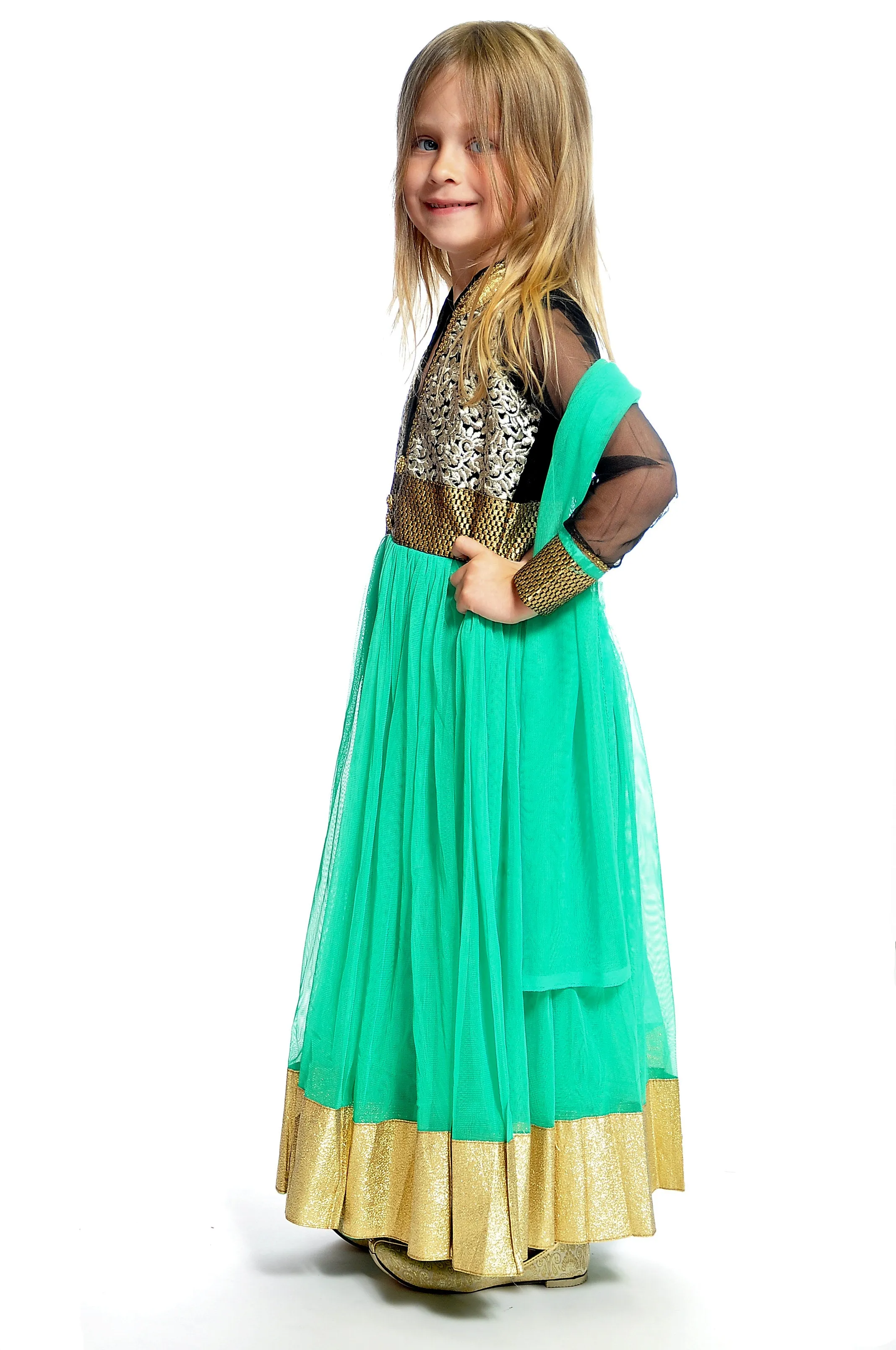 Teal and Gold Silk and Chiffon Girls Dress/Gown