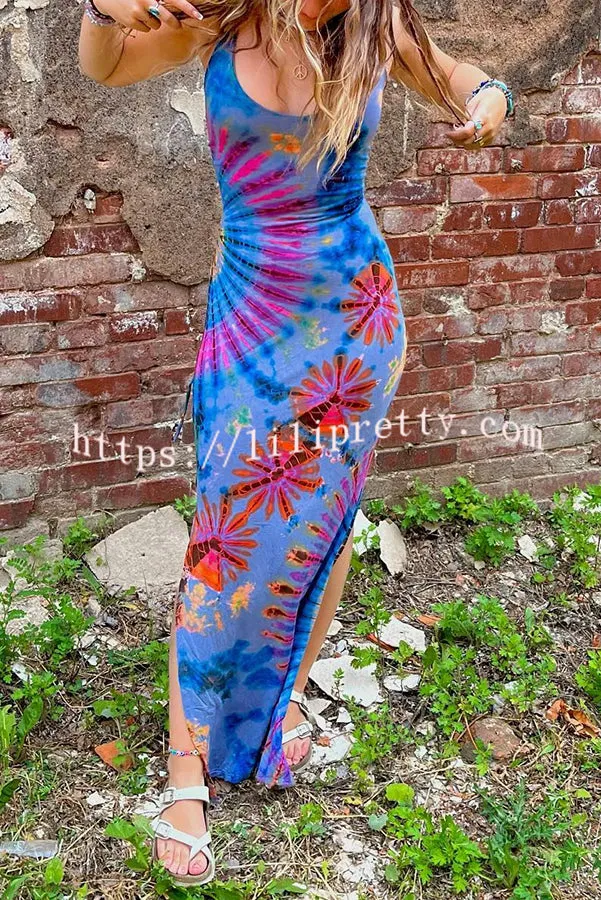 Tuscan Vibes Tie-dye Print Back Lace-up Slit Stretch Maxi Dress