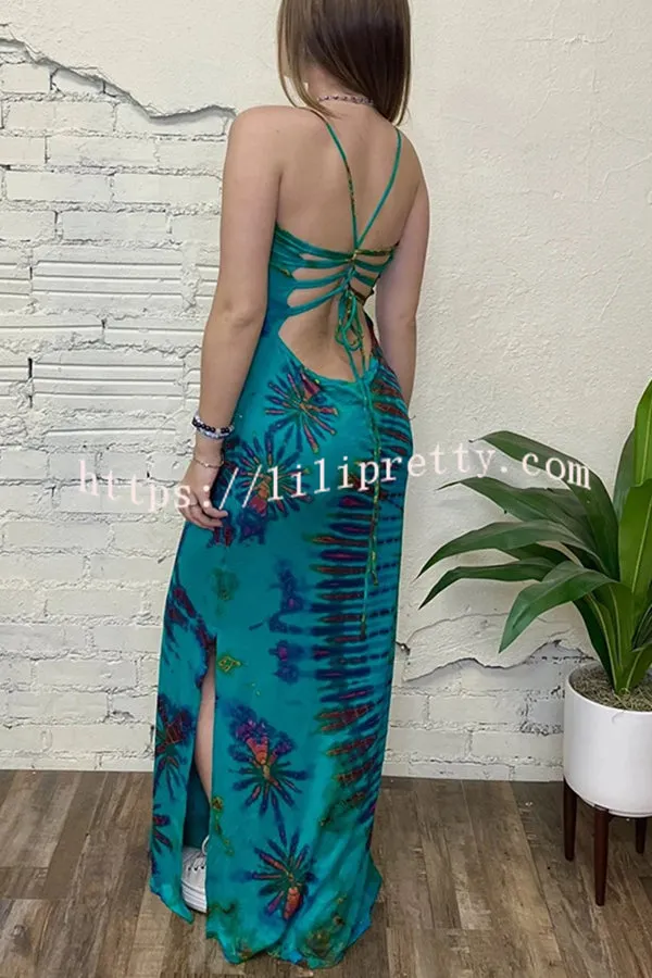 Tuscan Vibes Tie-dye Print Back Lace-up Slit Stretch Maxi Dress