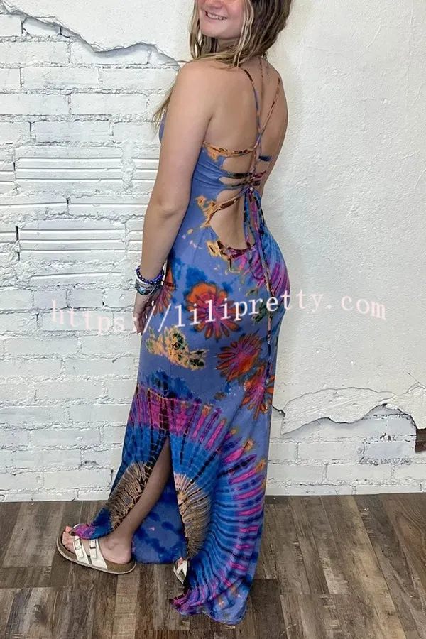 Tuscan Vibes Tie-dye Print Back Lace-up Slit Stretch Maxi Dress