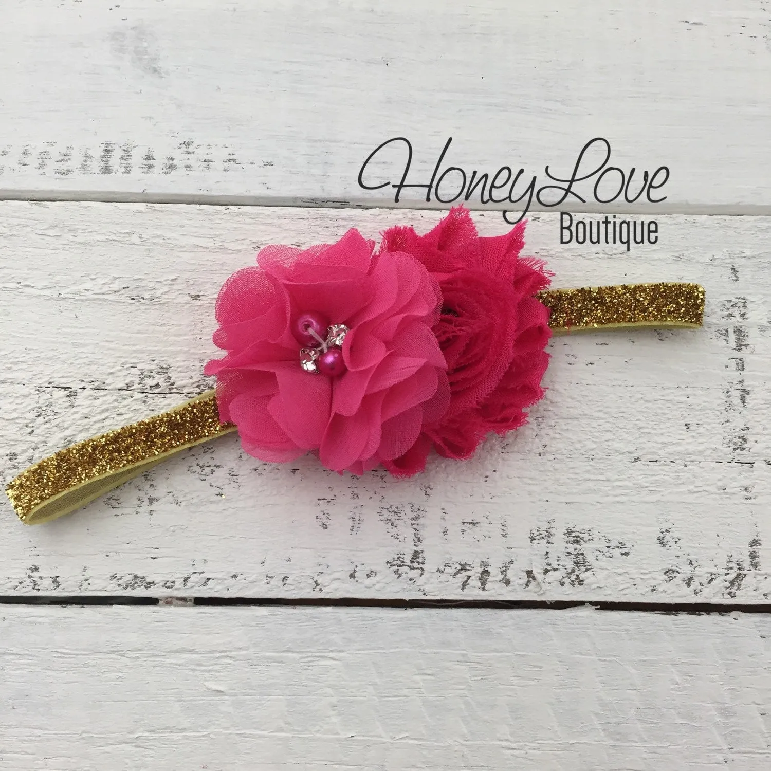 Watermleon Hot Pink shabby flower with rhinestones and pearls on Silver/Gold glitter headband