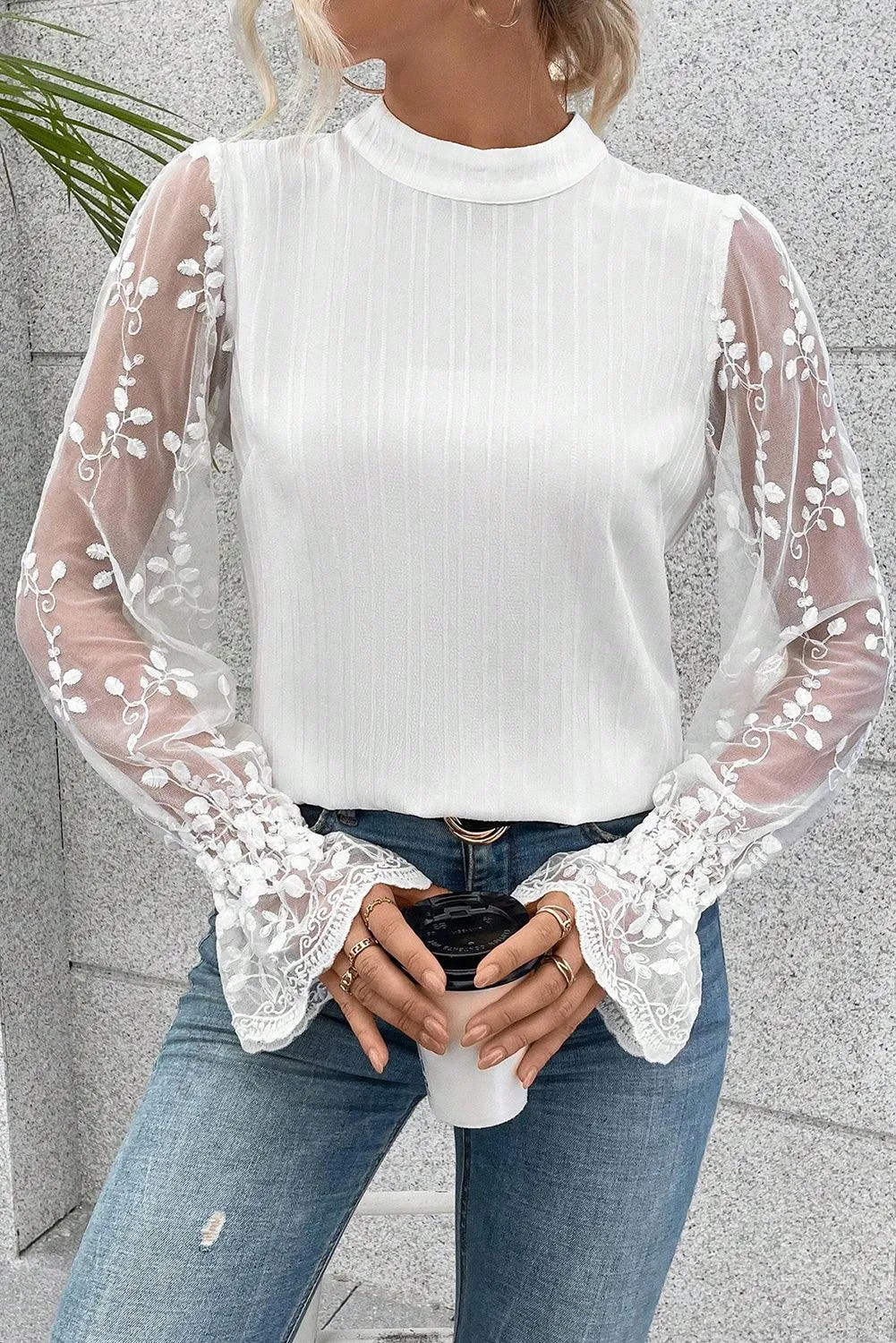 White Contrast Lace Sleeve Mock Neck Textured Blouse for Women