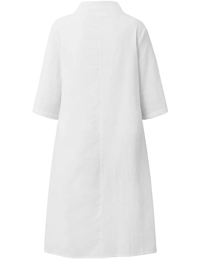 Women's Cotton Linen Dress Casual Dress Shift Dress Midi Dress Cotton Blend Fashion Basic Outdoor Daily Vacation Stand Collar Button Half Sleeve Summer Spring 2023 Black White Blue Plain S M L