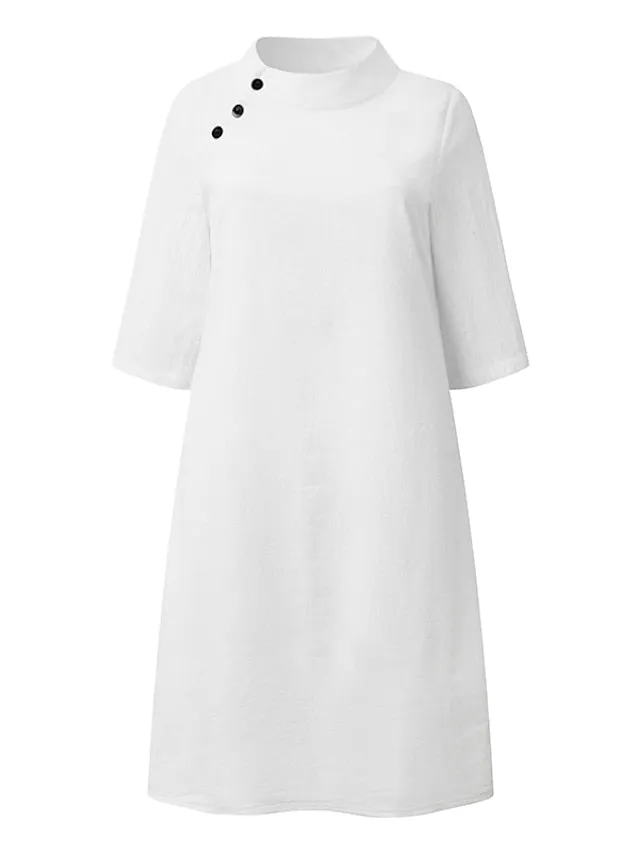 Women's Cotton Linen Dress Casual Dress Shift Dress Midi Dress Cotton Blend Fashion Basic Outdoor Daily Vacation Stand Collar Button Half Sleeve Summer Spring 2023 Black White Blue Plain S M L