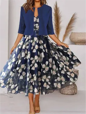 Women's Two Piece Dress Set Casual Dress Chiffon Dress Outdoor Daily Fashion Elegant Print Midi Dress V Neck Half Sleeve Floral Regular Fit Navy Blue Purple Green Summer Spring S M L XL XXL