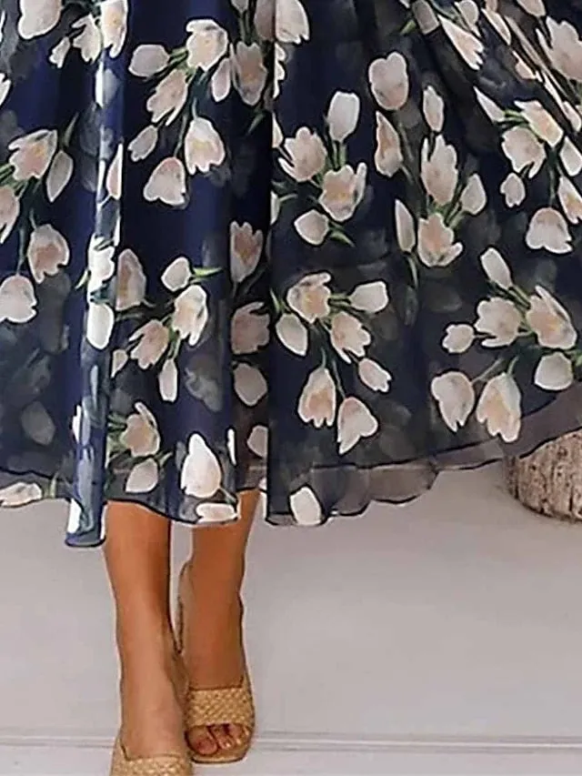 Women's Two Piece Dress Set Casual Dress Chiffon Dress Outdoor Daily Fashion Elegant Print Midi Dress V Neck Half Sleeve Floral Regular Fit Navy Blue Purple Green Summer Spring S M L XL XXL