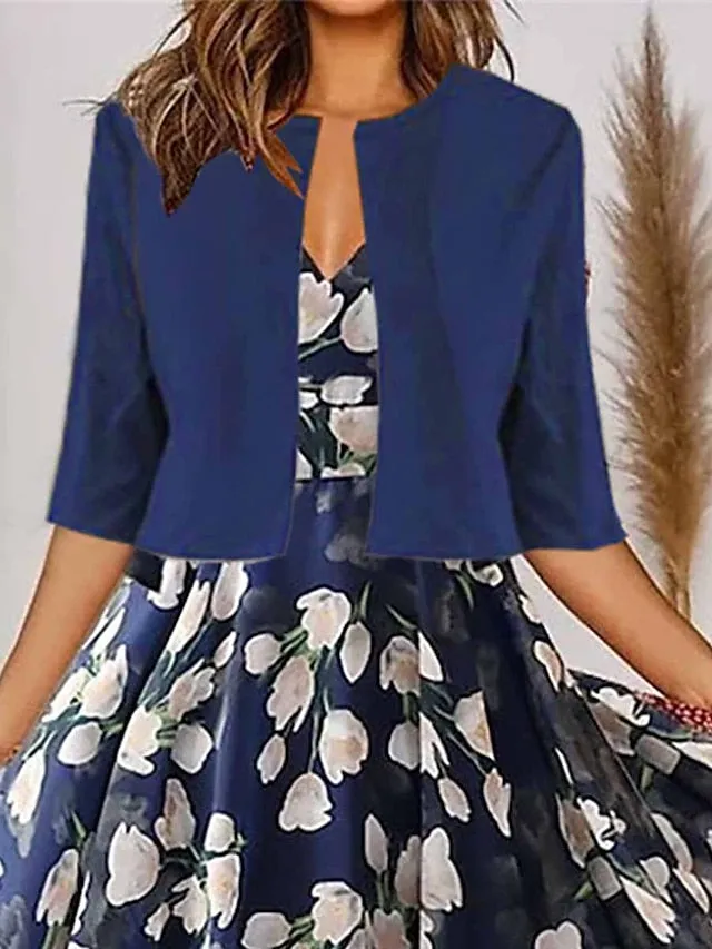 Women's Two Piece Dress Set Casual Dress Chiffon Dress Outdoor Daily Fashion Elegant Print Midi Dress V Neck Half Sleeve Floral Regular Fit Navy Blue Purple Green Summer Spring S M L XL XXL